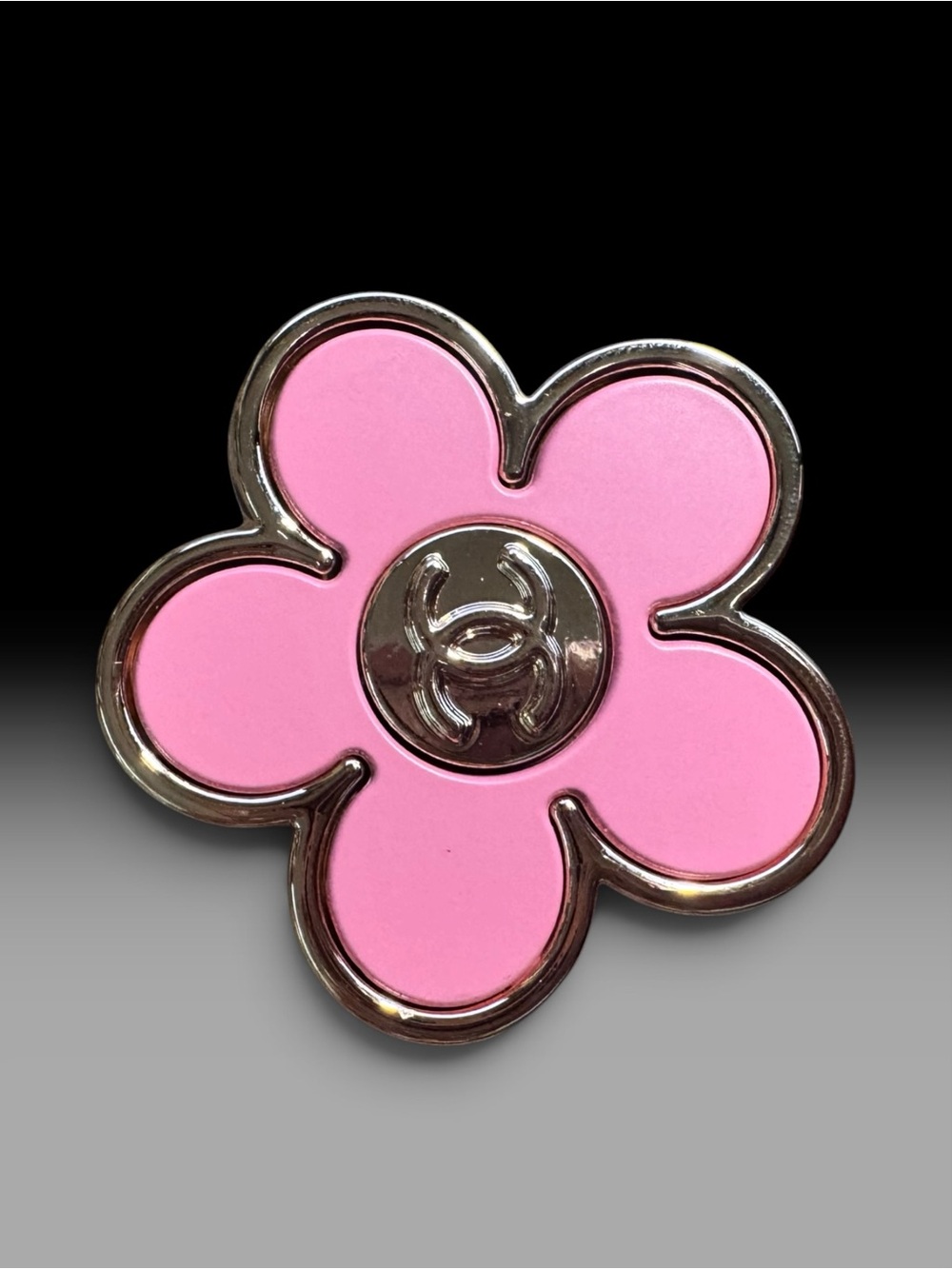 Pink Flower Brooch with Silver-Tone Emblem